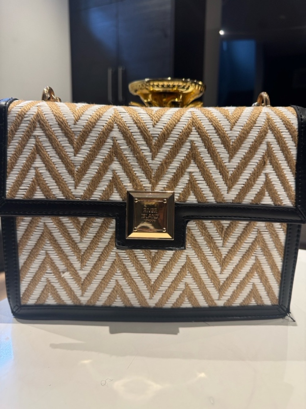 Chevron Straw Crossbody Bag in White and Tan with Black Trim